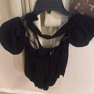 Forever 21 Black Puff Sleeve Bodysuit with Ruched Details